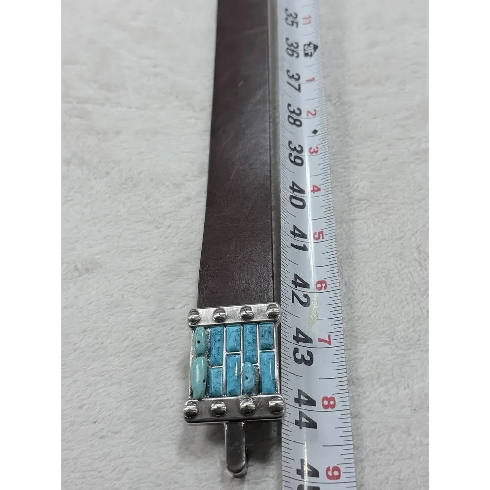 Chicos Turquoise Leather Belt Brown Silver O Ring Buckle Western Southwestern ML